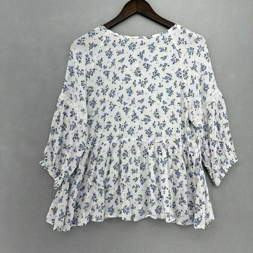 Justice Viscose White Blue Floral Tassel Tie Peplum Babydoll Top Blouse 8/20 2XL